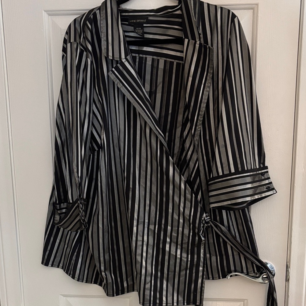 Lane Bryant Black and Silver Striped Wrap Blouse